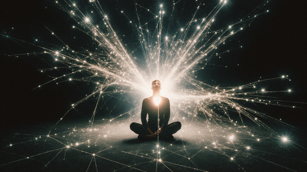 Pessoa meditando conectada a uma rede cósmica de luz, simbolizando a interconexão entre consciência e universo.