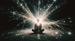 Como a Consciência Pode Criar a Realidade Pessoa meditando conectada a uma rede cósmica de luz, simbolizando a interconexão entre consciência e universo.