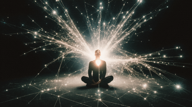 Como a Consciência Pode Criar a Realidade Pessoa meditando conectada a uma rede cósmica de luz, simbolizando a interconexão entre consciência e universo.