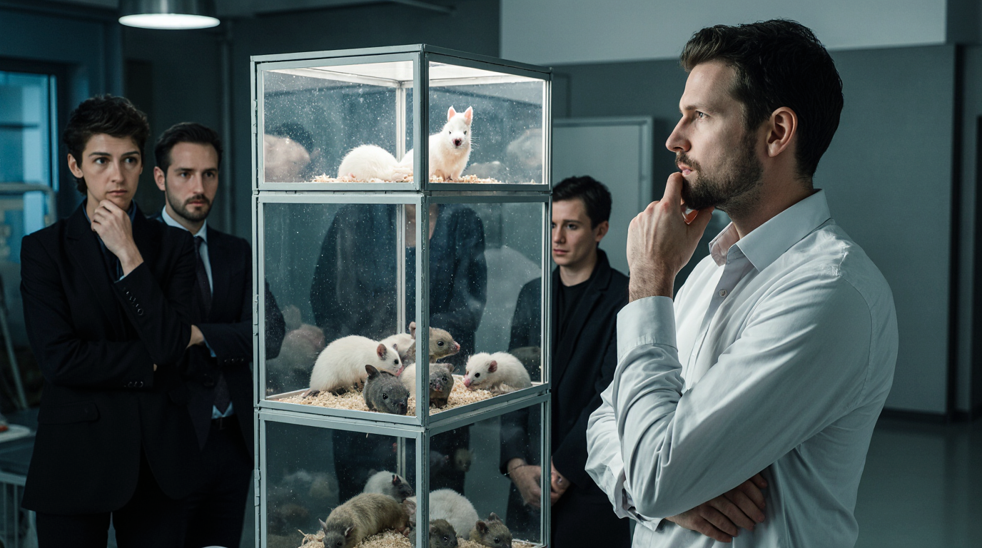 Laboratório mostra contraste entre isolamento e convivência em experimento com ratos, sob o olhar reflexivo de um cientista.