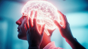 A Maior Mentira Que Nos Contaram Sobre o Cérebro Mulher reprogramando com as mãos uma rede de luz que representa suas conexões cerebrais, em um fundo escuro e sereno.