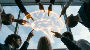 Grupo de pessoas colaborando ao redor de projeção holográfica do cérebro com conexões neurais douradas