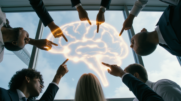 Grupo de pessoas colaborando ao redor de projeção holográfica do cérebro com conexões neurais douradas