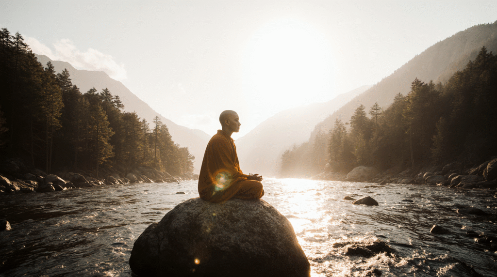 Pessoa meditando em silêncio ao nascer do sol, simbolizando o despertar interior e a prática do Budismo como filosofia de vida.