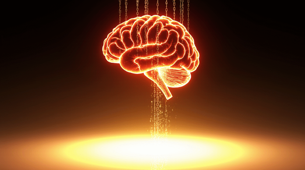 Ilustração conceitual de um cérebro emitindo padrões de luz, simbolizando antecipação, emoções químicas e o poder da neuroplasticidade.