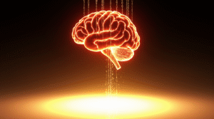 Nosso Cérebro é Viciado em Mentiras Ilustração conceitual de um cérebro emitindo padrões de luz, simbolizando antecipação, emoções químicas e o poder da neuroplasticidade.
