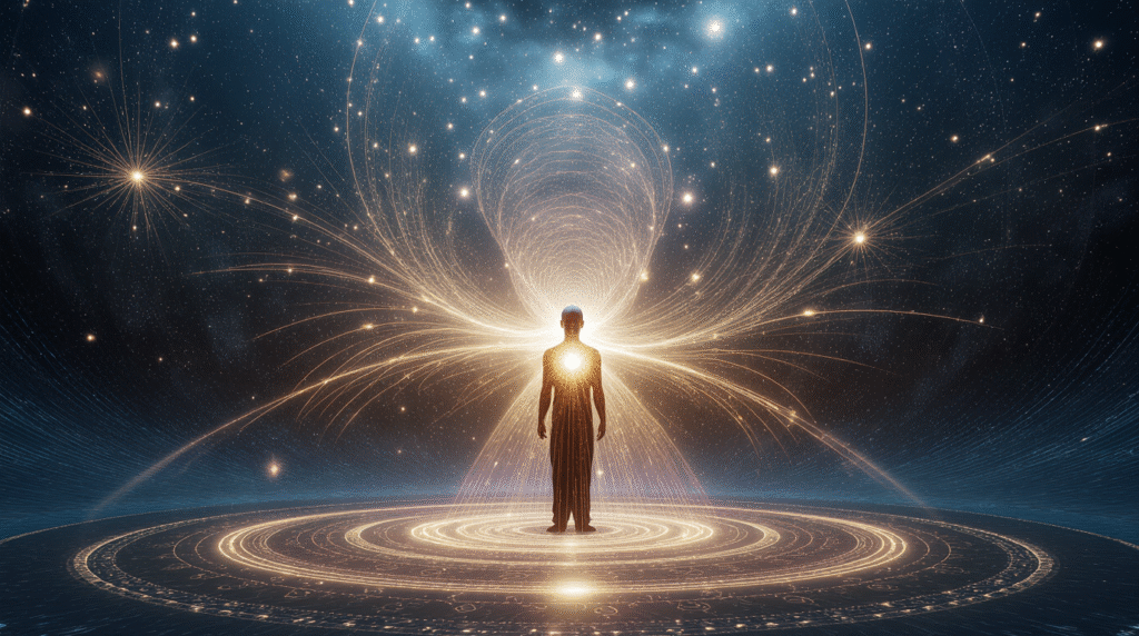 Pessoa de olhos fechados em estado meditativo, cercada por ondas vibracionais luminosas conectando corpo, mente e universo.