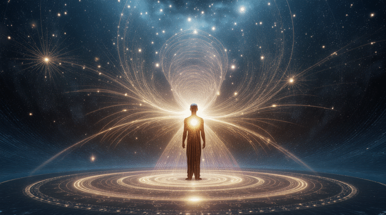 Pessoa de olhos fechados em estado meditativo, cercada por ondas vibracionais luminosas conectando corpo, mente e universo.