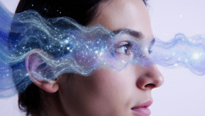 Deus Não É Um Nome — É Um Princípio Mulher em perfil observando ondas de luz e partículas se materializando diante de seu olhar, representando o poder da consciência.