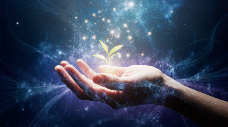 O Pensamento Também Tem Gênero: Masculino e Feminino Silhueta de pessoa com mãos representando a dualidade de lançar sementes de luz e acolher uma ideia que cresce, fundida com uma paisagem neural e cósmica.