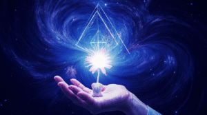Mão aberta segurando uma flor luminosa sob um céu cósmico, com geometria sagrada irradiando energia no espaço ao fundo.