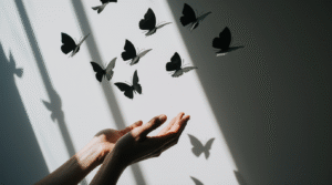Como Romper com Emoções Tóxicas Mãos abrindo e liberando pássaros de origami escuro que se transformam em borboletas amarelas voando para a luz do amanhecer.