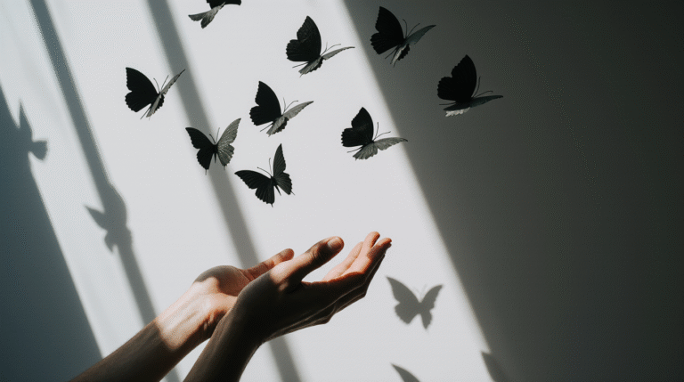 Como Romper com Emoções Tóxicas Mãos abrindo e liberando pássaros de origami escuro que se transformam em borboletas amarelas voando para a luz do amanhecer.