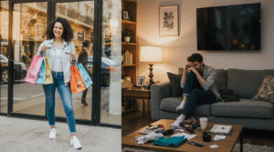 Montagem: pessoa sai do shopping radiante com sacolas e, em casa, encara as compras com tédio