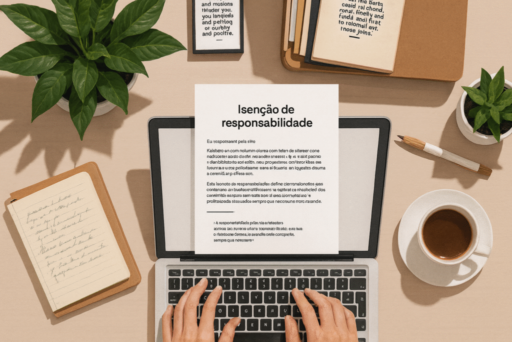 Documento de isenção de responsabilidade sobre laptop, simbolizando transparência, ética e proteção de dados no ambiente digital.