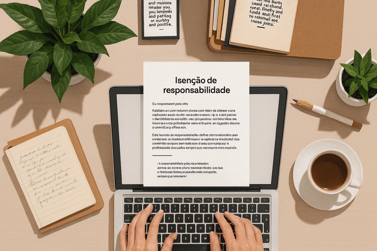 Documento de isenção de responsabilidade sobre laptop, simbolizando transparência, ética e proteção de dados no ambiente digital.