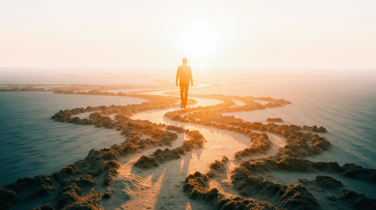 Neuroplasticidade: Seu Cérebro Não é Fixo Pessoa caminhando por uma trilha de areia onde as pegadas brilham e formam padrões que se conectam como neurônios, simbolizando neuroplasticidade.