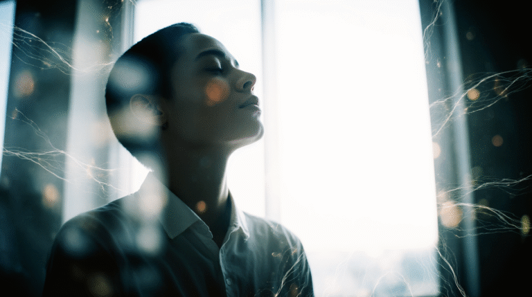 Mulher jovem praticando meditação consciente em casa, com expressão serena iluminada pela luz natural.