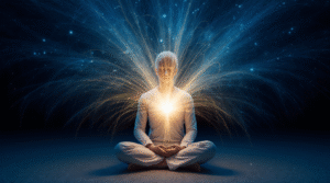 O Código Esquecido da Criação Silhueta de pessoa meditando com coração luminoso conectado a uma rede cósmica de energia, simbolizando a Matriz Divina.