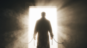 Pessoa diante de uma porta de luz, quebrando correntes