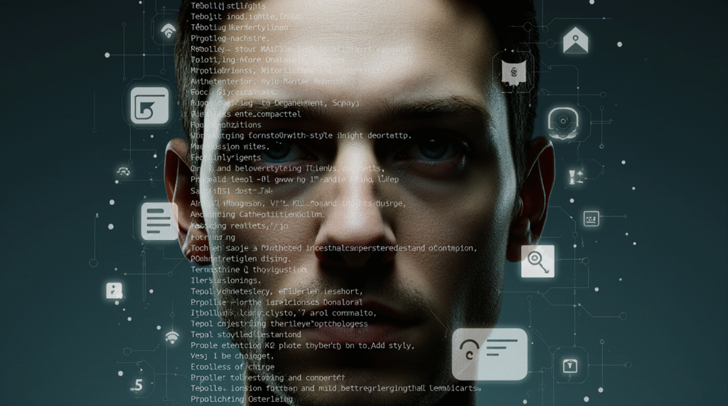 Homem com rosto parcialmente coberto por uma tela de smartphone que mostra linhas de código, simbolizando a terceirização do pensamento.