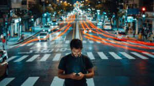 Pessoa parada em uma encruzilhada urbana, entre luz e sombra, representando escolhas mentais.