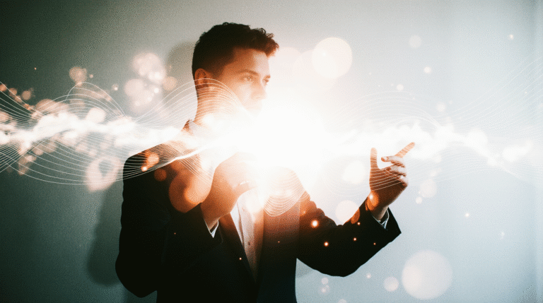 Sua Frequência Está Sabotando Sua Vida? Pessoa em pose serena com ondas de energia luminosa saindo do torso, afinando uma sinfonia de luz interior.