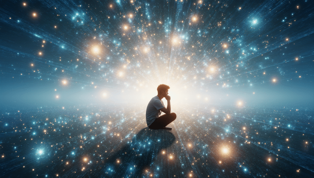 Pessoa contemplando uma paisagem neural onde microtúbulos brilham como constelações, simbolizando a consciência quântica.