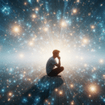 Pessoa contemplando uma paisagem neural onde microtúbulos brilham como constelações, simbolizando a consciência quântica.