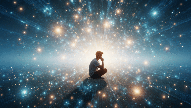 A Consciência Poderia Ser um Fenômeno Quântico? Pessoa contemplando uma paisagem neural onde microtúbulos brilham como constelações, simbolizando a consciência quântica.