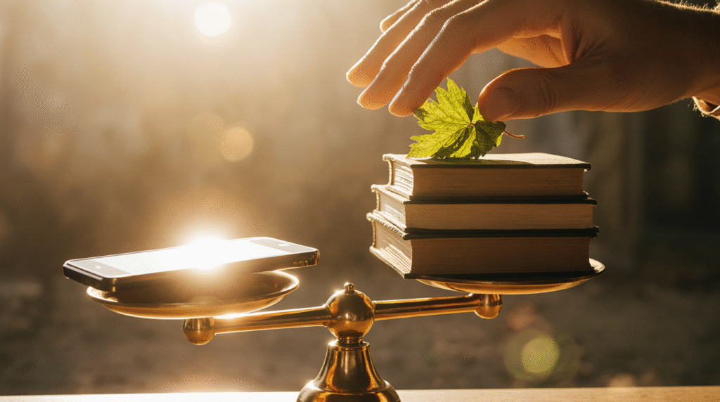 Balança de ourives em equilíbrio: de um lado um smartphone, do outro livros, uma folha e mãos se conectando, simbolizando a escolha entre estímulos artificiais e prazeres simples.