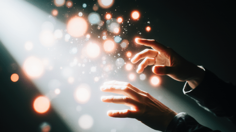 O Código Químico da Alma: Pessoa regendo orquestra de moléculas de neurotransmissores luminosas em padrões complexos