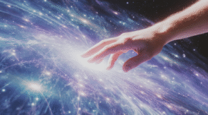 O Espaço-Tempo é uma Interface da Mente? Mão humana tocando uma projeção holográfica de um universo feito de cordas de luz vibrantes, criando ondulações.