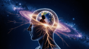 Quando a Ciência Encontra o Divino Cérebro humano com conexões neurais douradas que se transformam em uma galáxia e estrelas, simbolizando a interligação entre mente e universo.