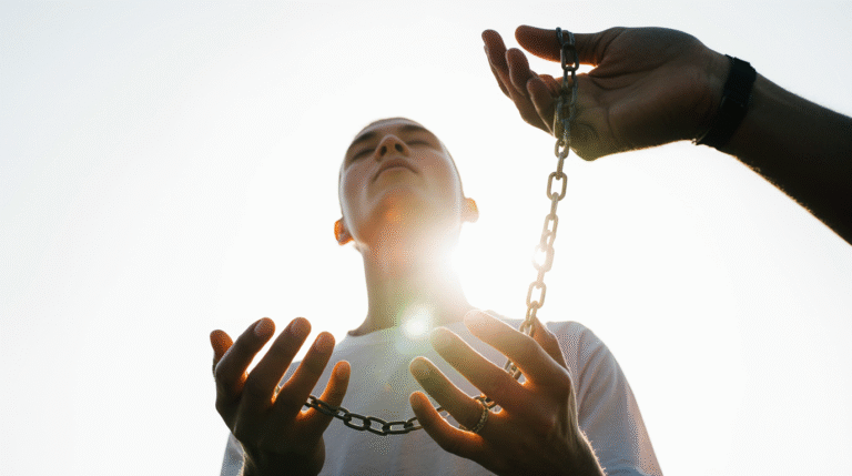 Quando a Fé se Torna uma Prisão Invisível Mãos soltam correntes na luz do sol, transmitindo sensação de libertação espiritual íntima