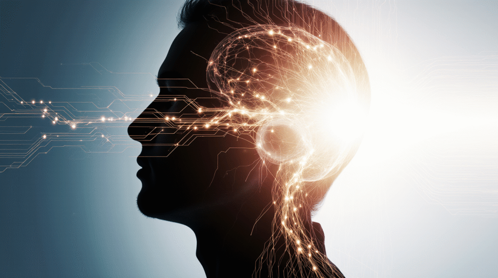 Ilustração conceitual de uma cabeça humana com rede neural, mostrando metade com circuitos rígidos e metade com fluxos de luz, simbolizando reprogramação mental.