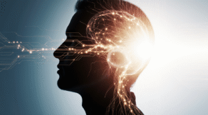 Você é o Programador da Sua Mente? Ilustração conceitual de uma cabeça humana com rede neural, mostrando metade com circuitos rígidos e metade com fluxos de luz, simbolizando reprogramação mental.