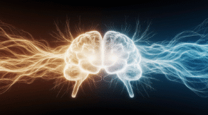 A Guerra Cerebral Que Você Não Precisa Travar Dois fluxos de luz representando sistemas cerebrais emocional e racional se integrando harmonicamente