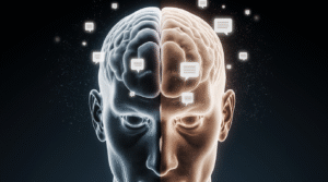A IA Está Reformulando Nossa Mente? Cérebro realista dividido ao meio; lado esquerdo vibrante e ativo, lado direito apagado com ícones de chatbots e conexões neurais tênues, simbolizando o impacto da IA na cognição.