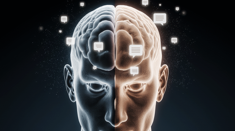 A IA Está Reformulando Nossa Mente? Cérebro realista dividido ao meio; lado esquerdo vibrante e ativo, lado direito apagado com ícones de chatbots e conexões neurais tênues, simbolizando o impacto da IA na cognição.