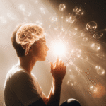 : Imagem conceitual de um cérebro com vias neurais iluminadas e símbolos químicos coloridos, representando a harmonia dos neurotransmissores da felicidade.