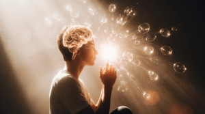 A Química da Felicidade: Quarteto do Bem-Estar : Imagem conceitual de um cérebro com vias neurais iluminadas e símbolos químicos coloridos, representando a harmonia dos neurotransmissores da felicidade.
