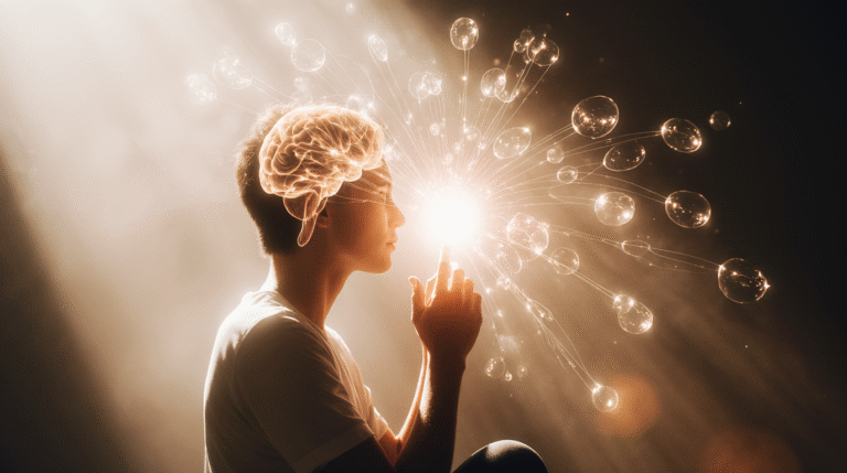 A Química da Felicidade: Quarteto do Bem-Estar : Imagem conceitual de um cérebro com vias neurais iluminadas e símbolos químicos coloridos, representando a harmonia dos neurotransmissores da felicidade.
