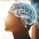 Pessoa em estado meditativo com visualização de redes neurais luminosas sincronizadas, representando coerência cerebral e plenitude