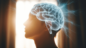 Cérebro em Coerência: A Neurociência da Plenitude Pessoa em estado meditativo com visualização de redes neurais luminosas sincronizadas, representando coerência cerebral e plenitude