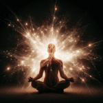 Pessoa meditando com redes neurais fixas se dissolvendo em luz fluida, simbolizando expansão da consciência além da programação mental estabelecida