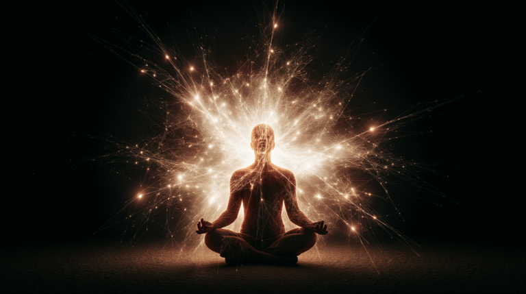 Código Neuronal: A Prisão da Percepção Pessoa meditando com redes neurais fixas se dissolvendo em luz fluida, simbolizando expansão da consciência além da programação mental estabelecida