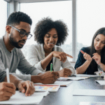 Grupo diverso de estudantes em sala de aula com luz natural, cada um engajado em diferente método de aprendizagem - organização linear, mapas mentais, explicação gestual e escuta profunda