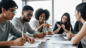 Inteligências Múltiplas: Neurociência ou Psicologia? Grupo diverso de estudantes em sala de aula com luz natural, cada um engajado em diferente método de aprendizagem - organização linear, mapas mentais, explicação gestual e escuta profunda