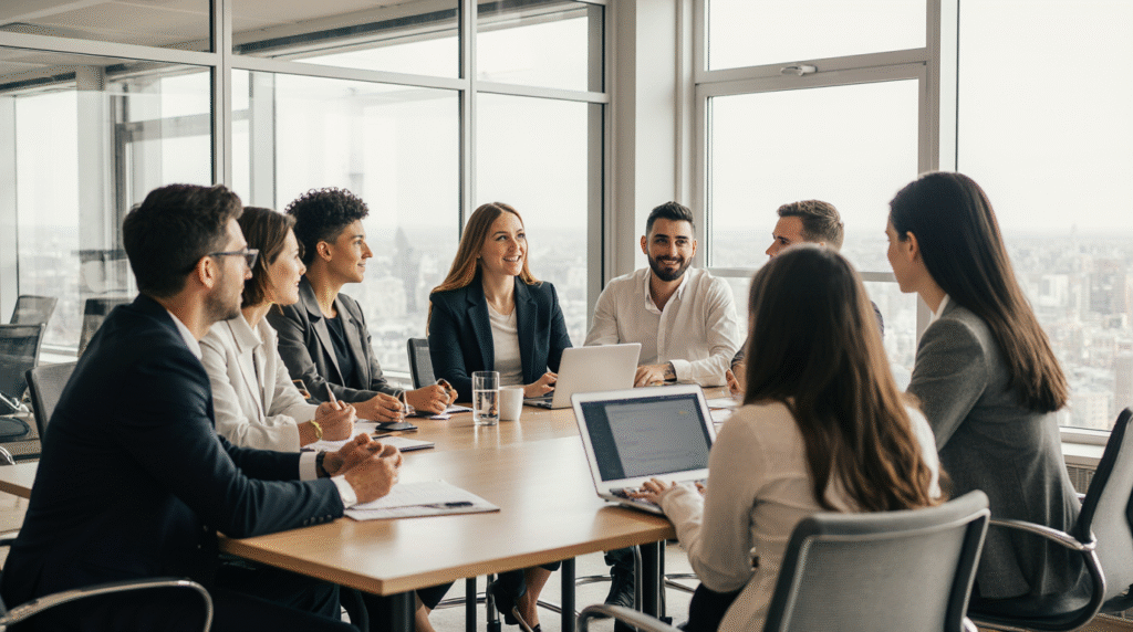 Grupo diverso de profissionais em escritório moderno, cada um demonstrando diferente estilo de processamento mental - organização linear, mapas mentais visuais, gesticulação explicativa - capturando momento autêntico de neurodiversidade aplicada